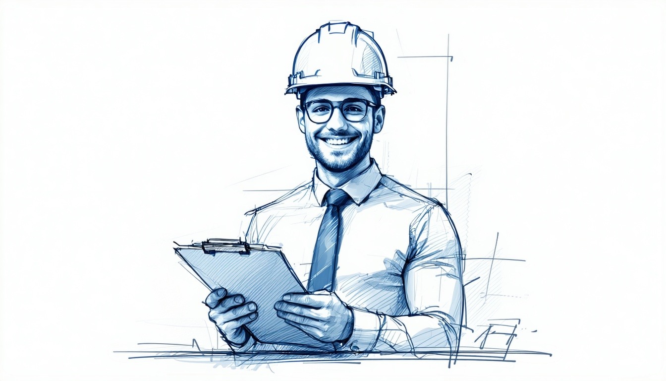 A sketch of a happy auditor with a hardhat on, holding a clipboard